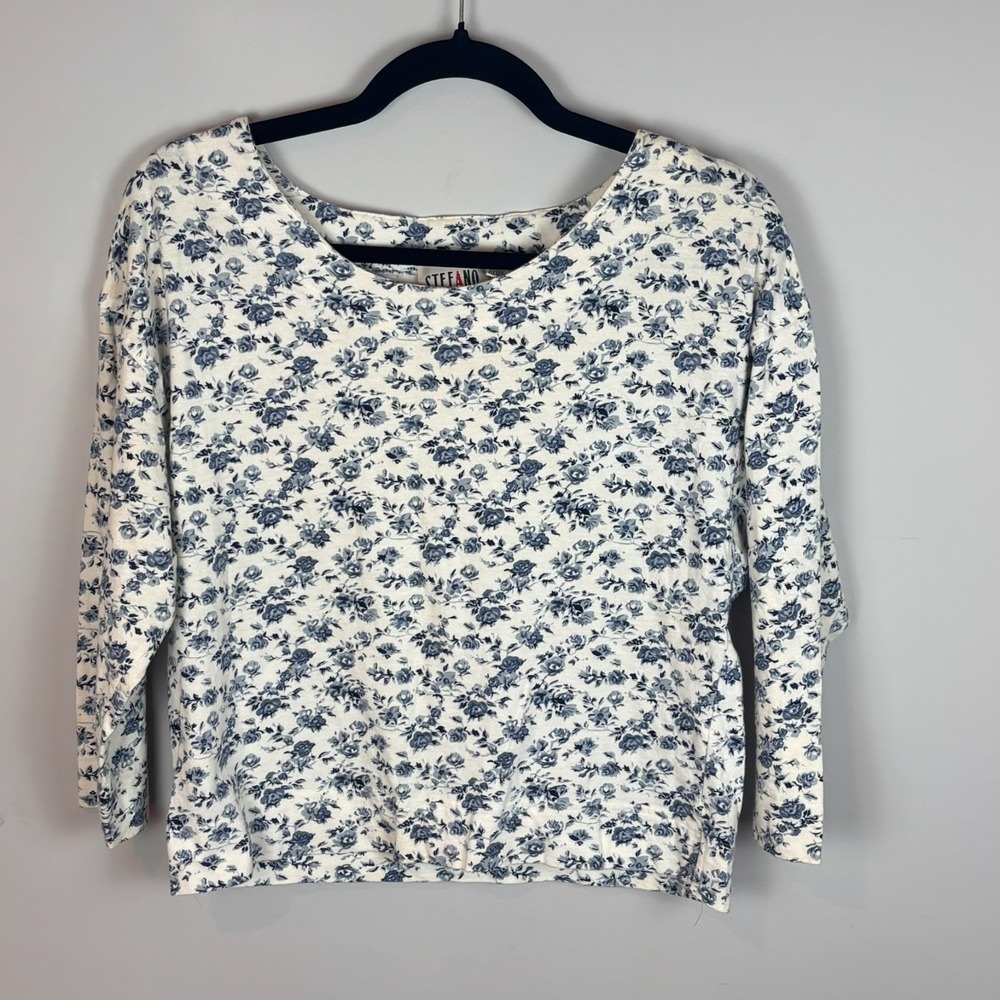 VTG Stefano Womens Cotton Blue Micro Floral Crop Tee MED‎ Cottagecore Coquette